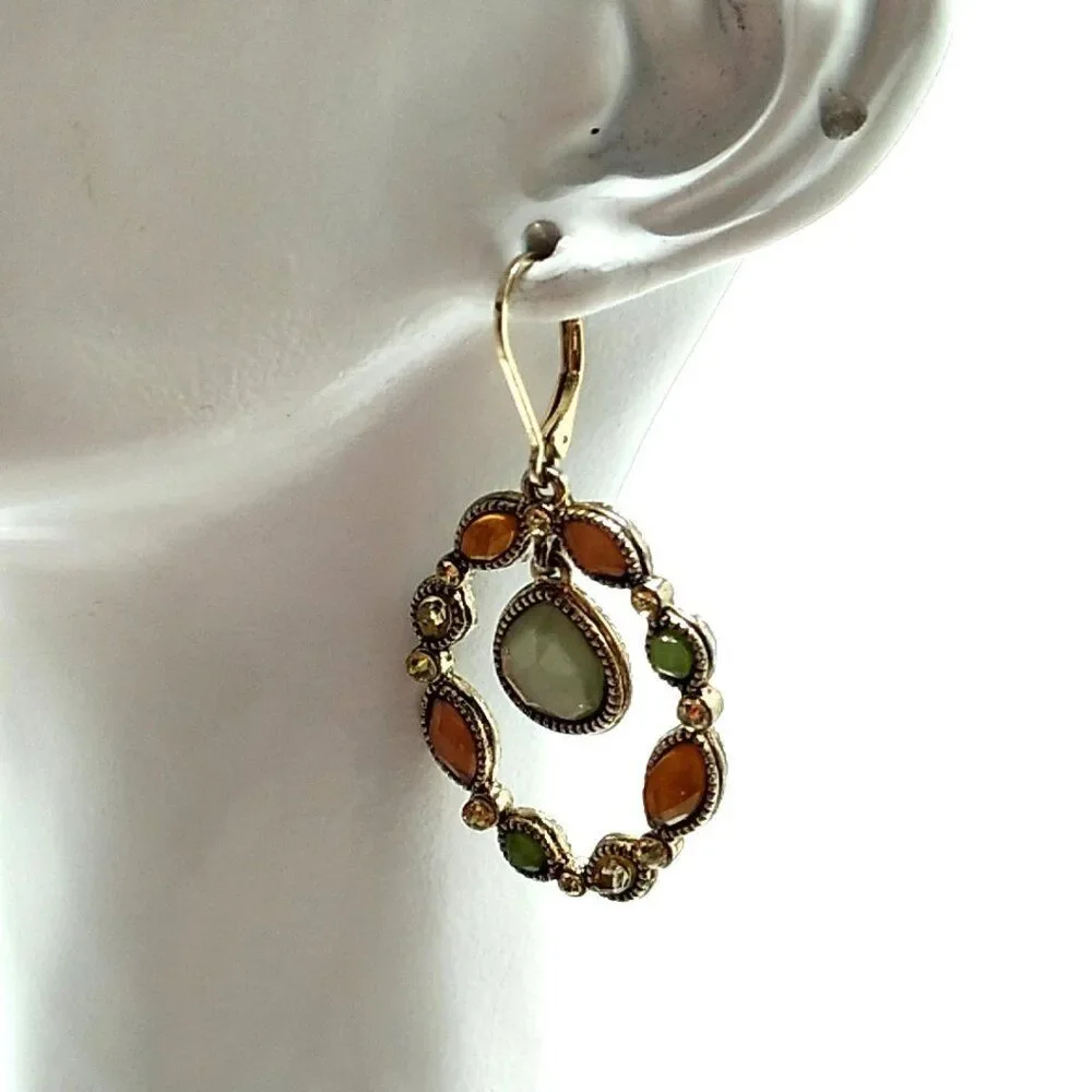 Faceted Oval Jeweled Leverback Earrings w Drop Teardrop Center